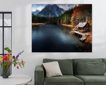 Cabane forestière au bord d'un lac avec vue sur les montagnes (art) sur Art by Jeronimo