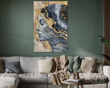 Elegant abstract portret in blauw tweedelig met accenten van goud van Digitale Schilderijen