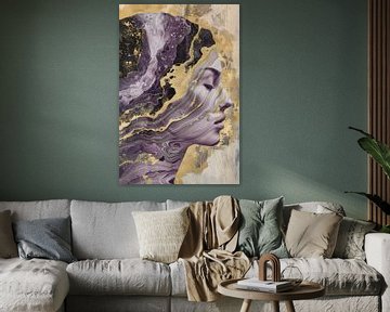 Élégant portrait abstrait en deux pièces violettes avec des accents dorés sur Digitale Schilderijen