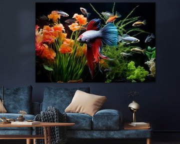 Aquarium with colourful fish and a fighting fish in the foreground. by Animaflora PicsStock
