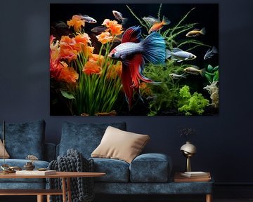 Aquarium mit farbenfrohen Fischen und einem Kampfisch im Vorderg