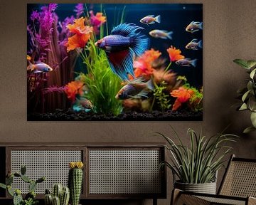 Aquarium with colourful fish and a fighting fish in the foreground. by Animaflora PicsStock