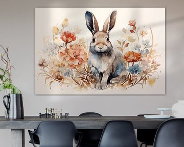 Aquarell eines mythischen Kaninchens mit gemalten Frühlingsblum von Animaflora PicsStock