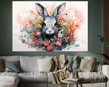 Aquarel van een mythisch konijn met geschilderde lentebloemen