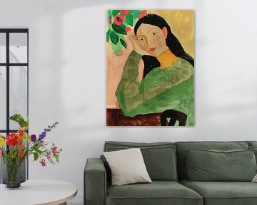 Portrait moderne, illustration dans des tons de vert principalement sur Carla Van Iersel
