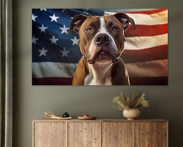 Portrait d'un pitbull américain avec le drapeau américain dans la main. sur Animaflora PicsStock