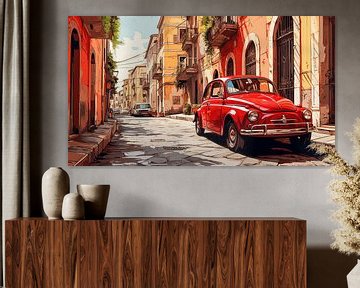 Roter alter Oldtimer in einer italienischen Straße, Kunst Desig von Animaflora PicsStock