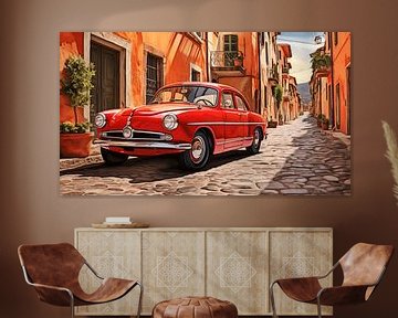 Roter alter Oldtimer in einer italienischen Straße, Kunst Desig von Animaflora PicsStock