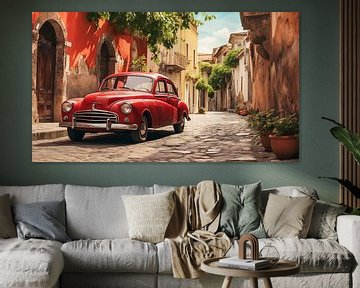 Roter alter Oldtimer in einer italienischen Straße, Kunst Desig von Animaflora PicsStock