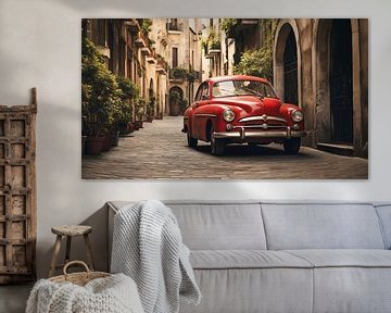 Roter alter Oldtimer in einer italienischen Straße, Kunst Desig von Animaflora PicsStock