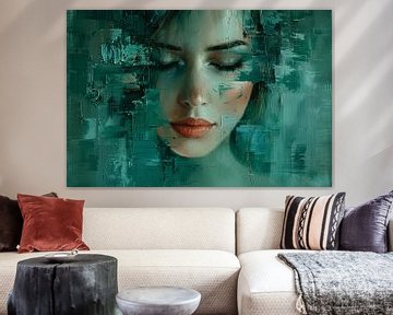 Portrait abstrait dans les tons de vert sur Carla Van Iersel