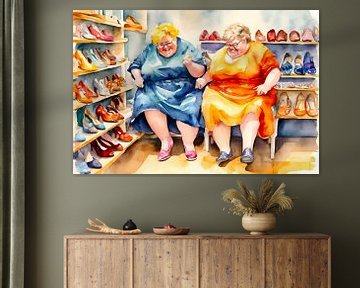 2 sociable ladies have fun in the shoe shop by De gezellige Dames