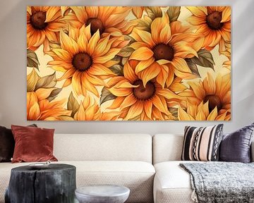 Zonnebloemen in warme tinten aquarel, patroon voor kunstontwerp van Animaflora PicsStock