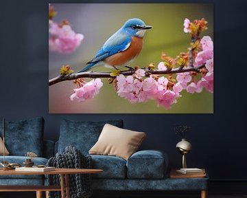 blauer Singvogel auf einem blühenden Zweig im Frühling von Animaflora PicsStock