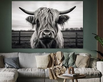 Black and white photograph of a Scottish Highland cattle in portrait by Animaflora PicsStock