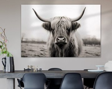 Photographie en noir et blanc d'un bovin Highland écossais en portrait sur Animaflora PicsStock