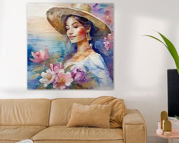 Femme avec chapeau de soleil et fleurs sur Jan Bouma
