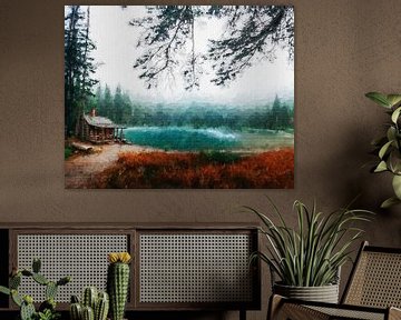 Cabane forestière au bord d'un lac dans un paysage brumeux (art) sur Art by Jeronimo