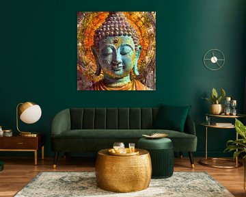 Buddha portrait in sea green and orange tones by Jan Bouma