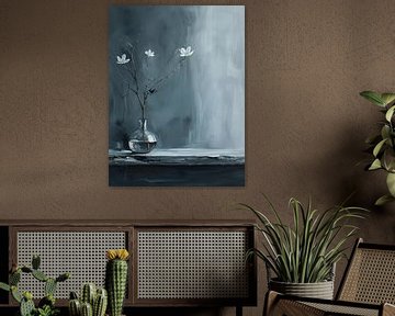 Stilleven met bloesem en een vlinder in blauw en wit van Japandi Art Studio