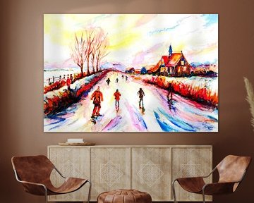 Snow and ice fun in the Netherlands. Impressionist watercolour by Ineke de Rijk