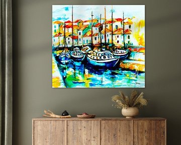 Kleiner Hafen in Portugal. Impressionistisches Aquarell.