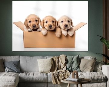 3 kleine Golden Retriever-puppy's in een kartonnen doos op witte achtergrond, geïsoleerd knipsel van Animaflora PicsStock