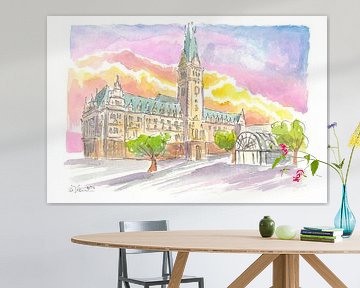 Hamburg Deutschland Rathaus Sonnenuntergang Aquarell-Szene