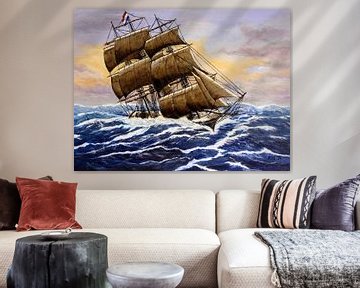 Zeilschip. Hollands glorie op een woelige zee. van Pieter Johannes Schenk