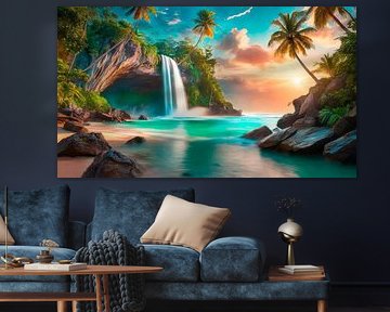 Island with waterfall and sea by Mustafa Kurnaz
