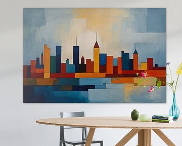 Zon schuilt achter de skyline van De Muurdecoratie