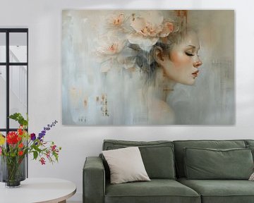 Portrait moderne avec des fleurs aux couleurs pastel sur Carla Van Iersel