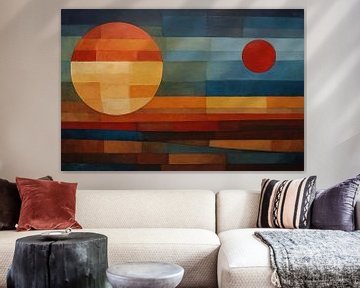 Coucher de soleil style Paul Klee sur De Muurdecoratie
