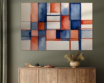 Blue and red abstract art in watercolour by De Muurdecoratie
