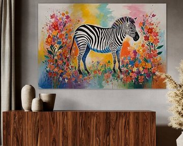 Zebra with colourful flowers abstract by De Muurdecoratie