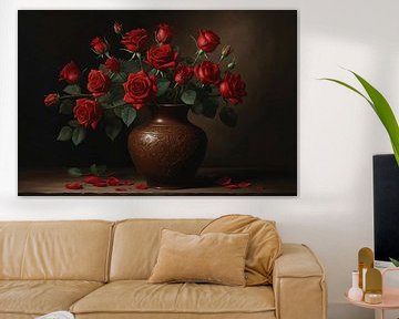 Roses rouges dans un vase brun sur De Muurdecoratie