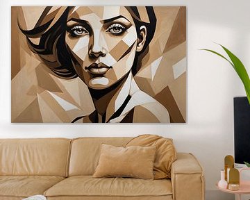 Portrait woman in beige colours by De Muurdecoratie