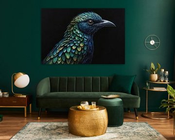 Blue-green bird painting by De Muurdecoratie