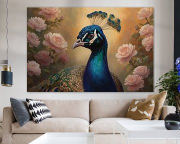 Peacock with flowers painting by De Muurdecoratie