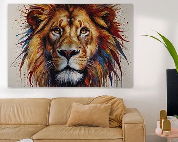 Lion with colourful mane by De Muurdecoratie