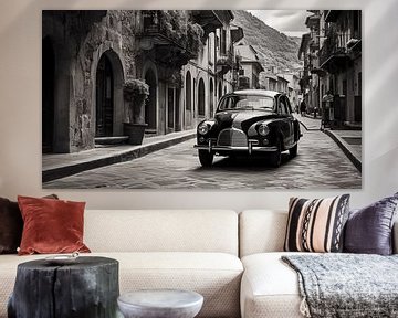 Voiture ancienne dans une rue italienne, photographie en noir et blanc sur Animaflora PicsStock