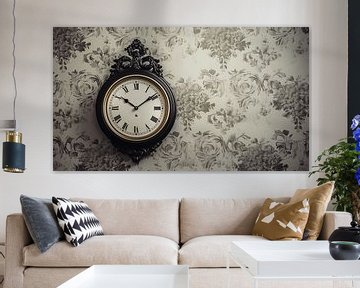 Oude vintage wandklok op de muur met retro behang, monochroom van Animaflora PicsStock