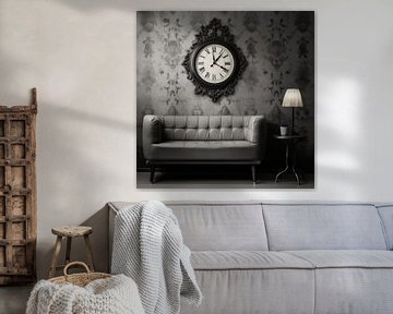 alte Vintage-Wanduhr an der Wand mit Retro-Tapete und Couch , monochrom