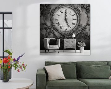 vieille horloge murale vintage sur un mur avec papier peint rétro, photographie en noir et blanc sur Animaflora PicsStock