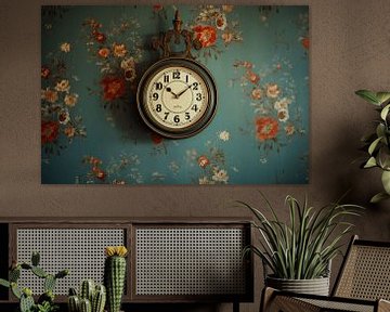 alte Vintage-Wanduhr an der Wand mit Retro-Tapete von Animaflora PicsStock