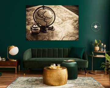 Old retro globe with a map in the background, monochrome by Animaflora PicsStock