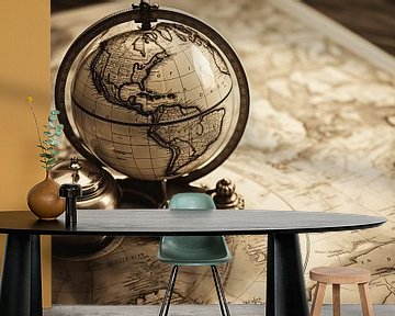 Alter Retro-Globus mit einer Landkarte im Hintergrund, monochrom von Animaflora PicsStock