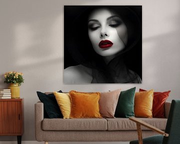 Mystische Dame mit roten Lippen, Schwarz-Weiß-Fotografie von Animaflora PicsStock