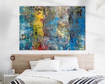 Abstract, schilderij, blauw, geel, rood en grijs van BowiScapes