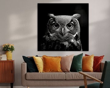 black and white portrait of a sturdy eagle owl by Margriet Hulsker